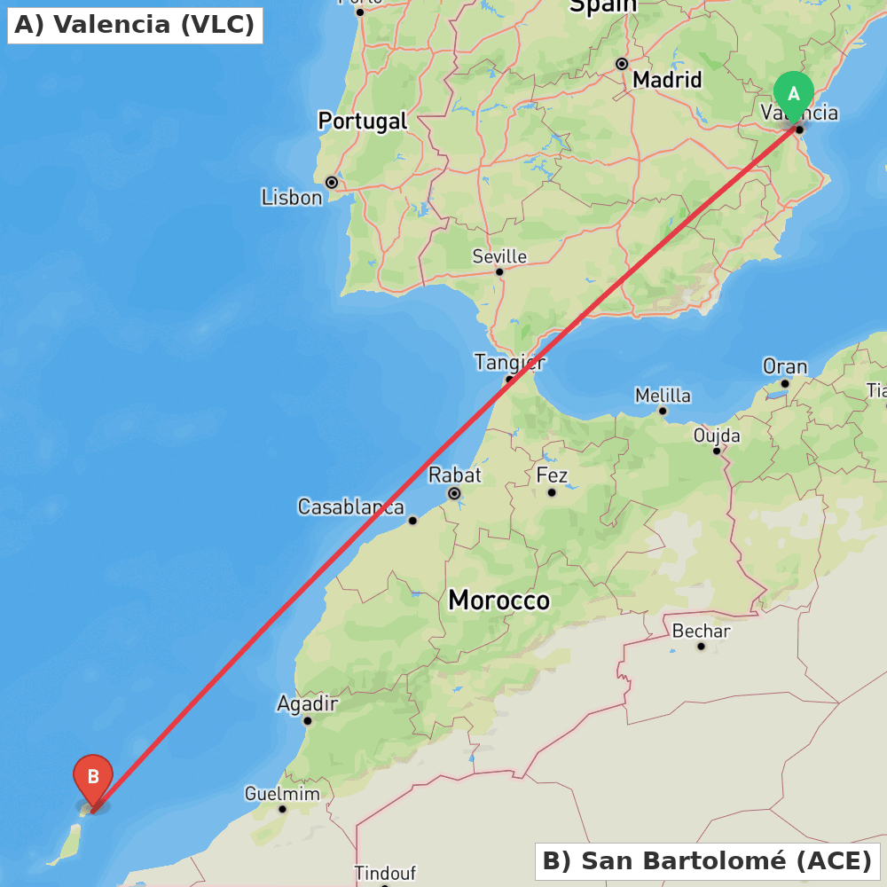 Flight route map from Valencia to San Bartolomé