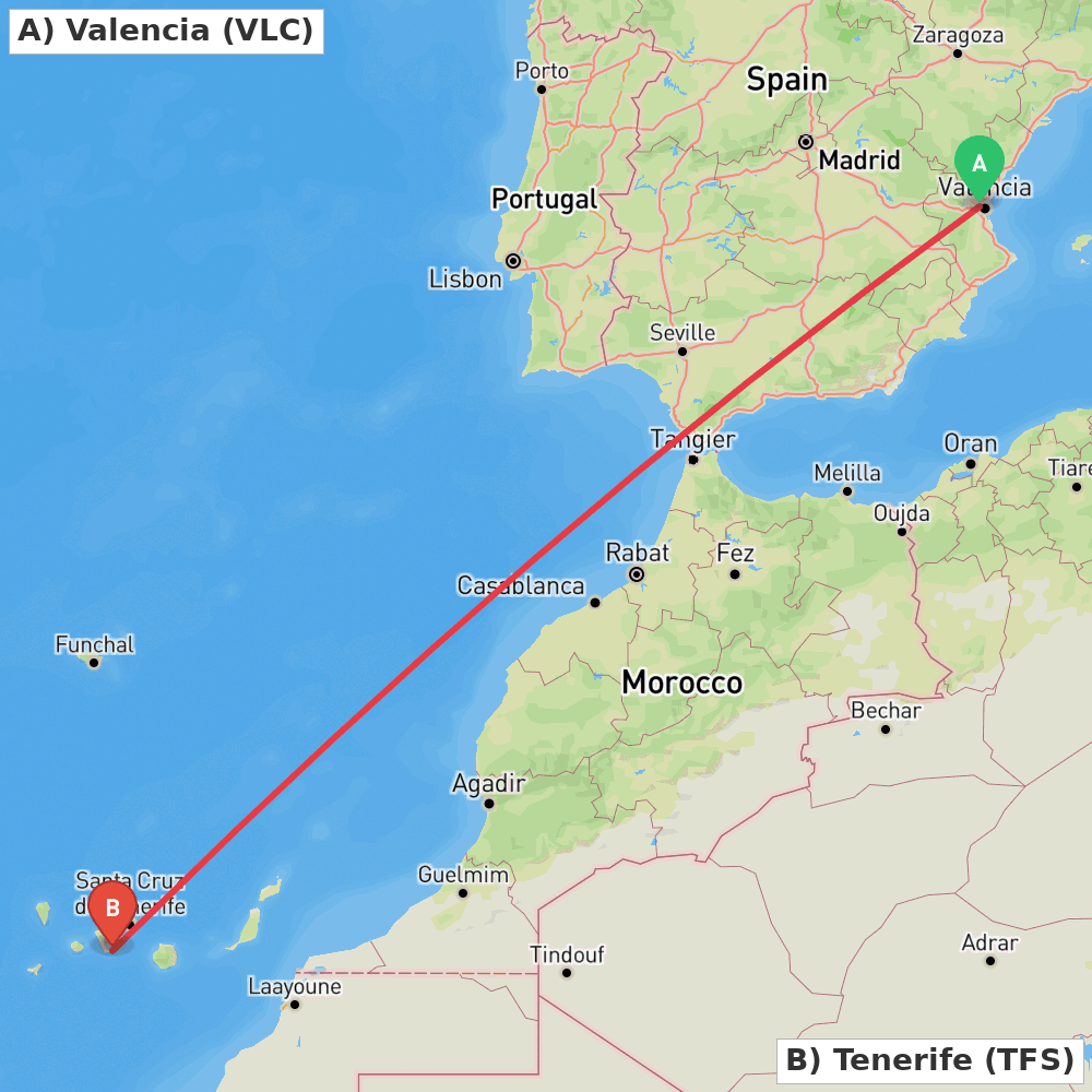 Flight route map from Valencia to Tenerife