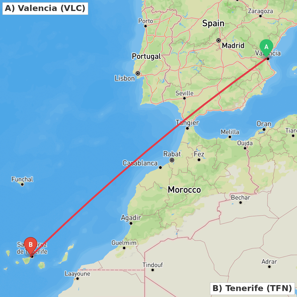Flight route map from Valencia to Tenerife