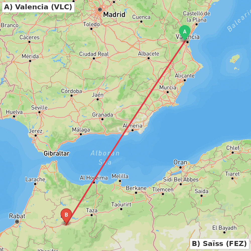 Flight route map from Valencia to Saïss