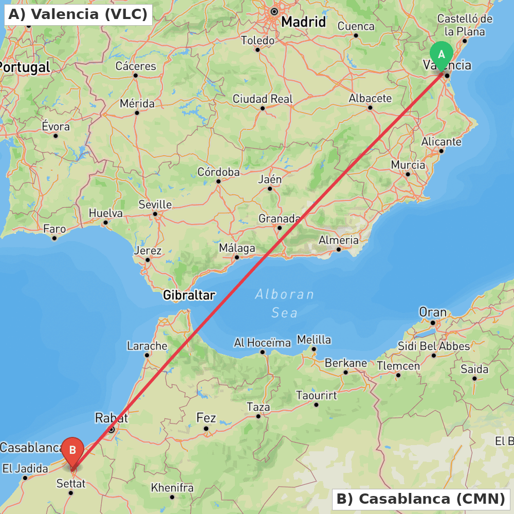 Flight route map from Valencia to Casablanca