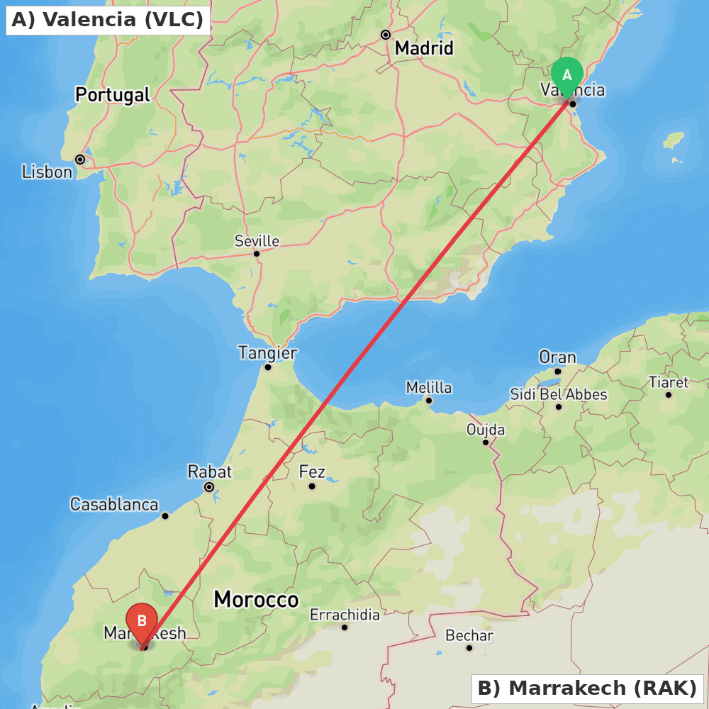 Flight route map from Valencia to Marrakech