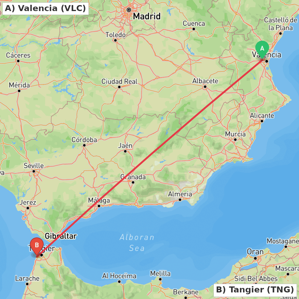 Flight route map from Valencia to Tangier