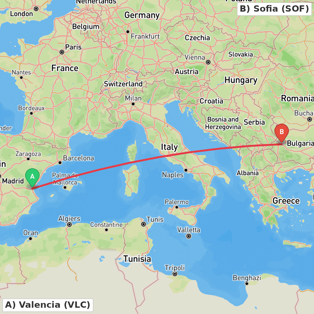 Flight route map from Valencia to Sofia