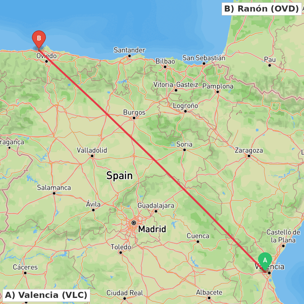 Flight route map from Valencia to Ranón