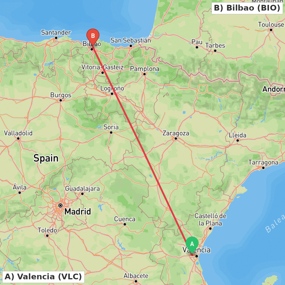 Flight route map from Valencia to Bilbao