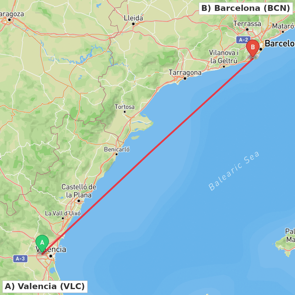 Flight route map from Valencia to Barcelona