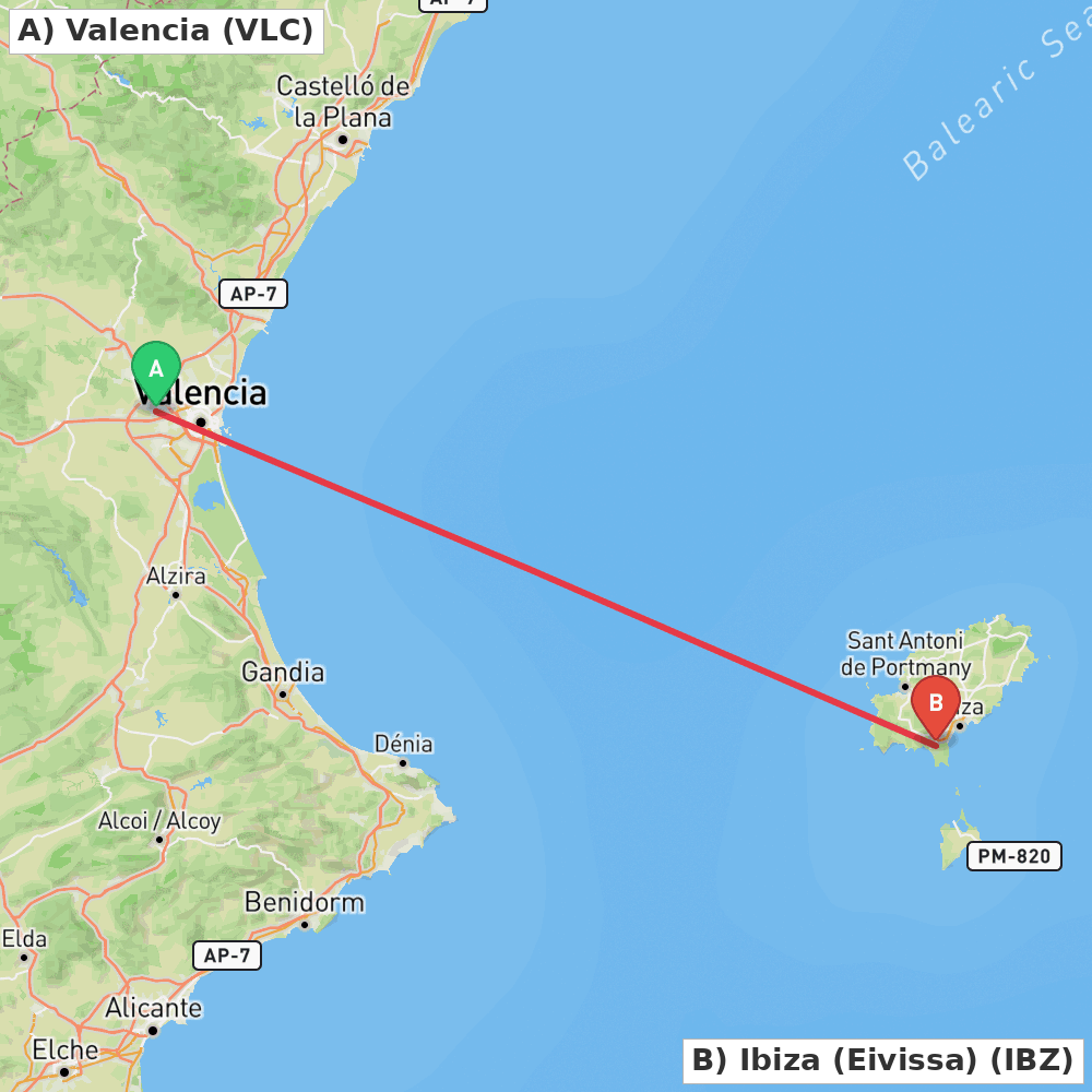 Flight route map from Valencia to Ibiza (Eivissa)