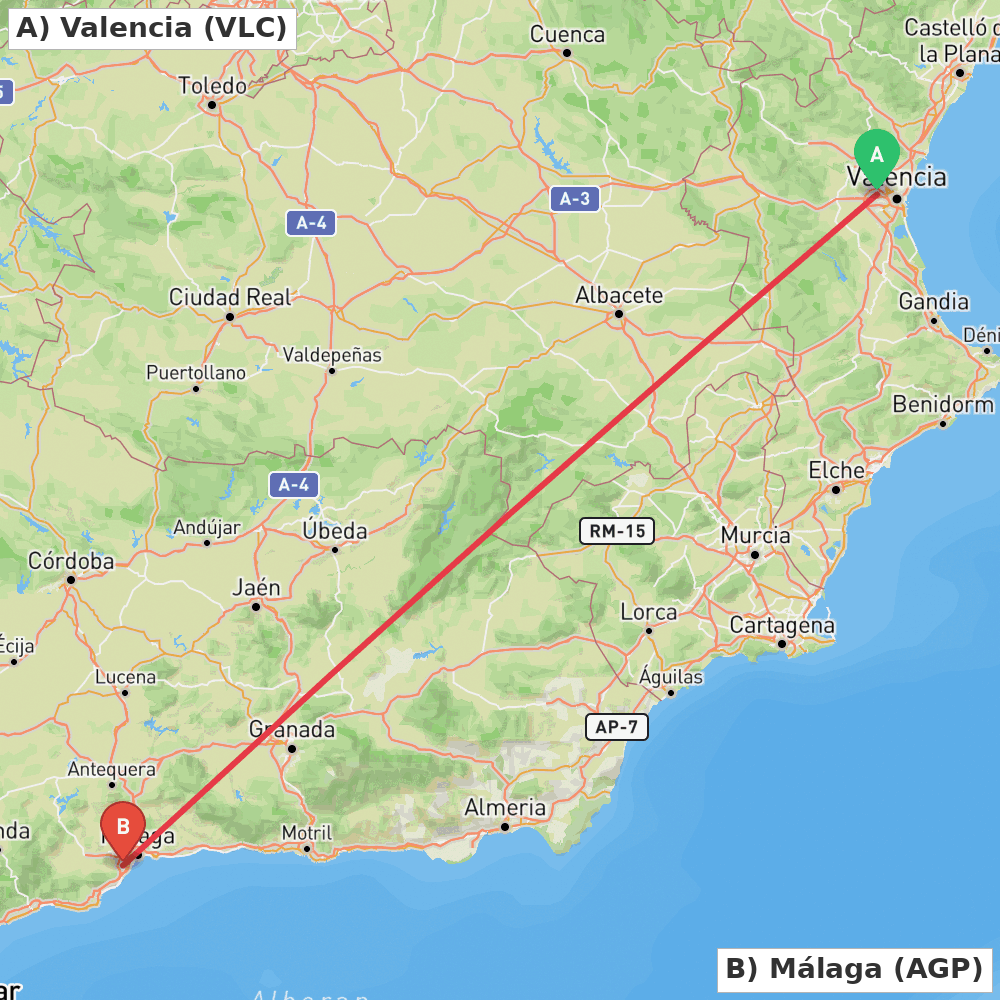 Flight route map from Valencia to Málaga