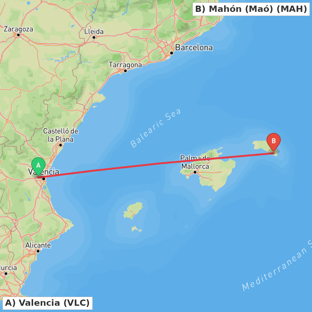 Flight route map from Valencia to Mahón (Maó)