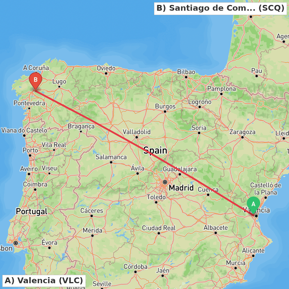 Flight route map from Valencia to Santiago de Compostela