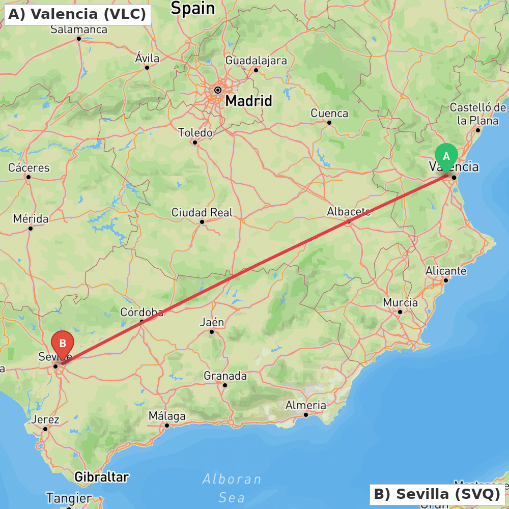 Flight route map from Valencia to Sevilla