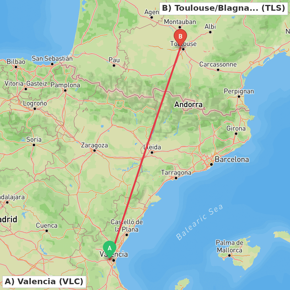 Flight route map from Valencia to Toulouse/Blagnac