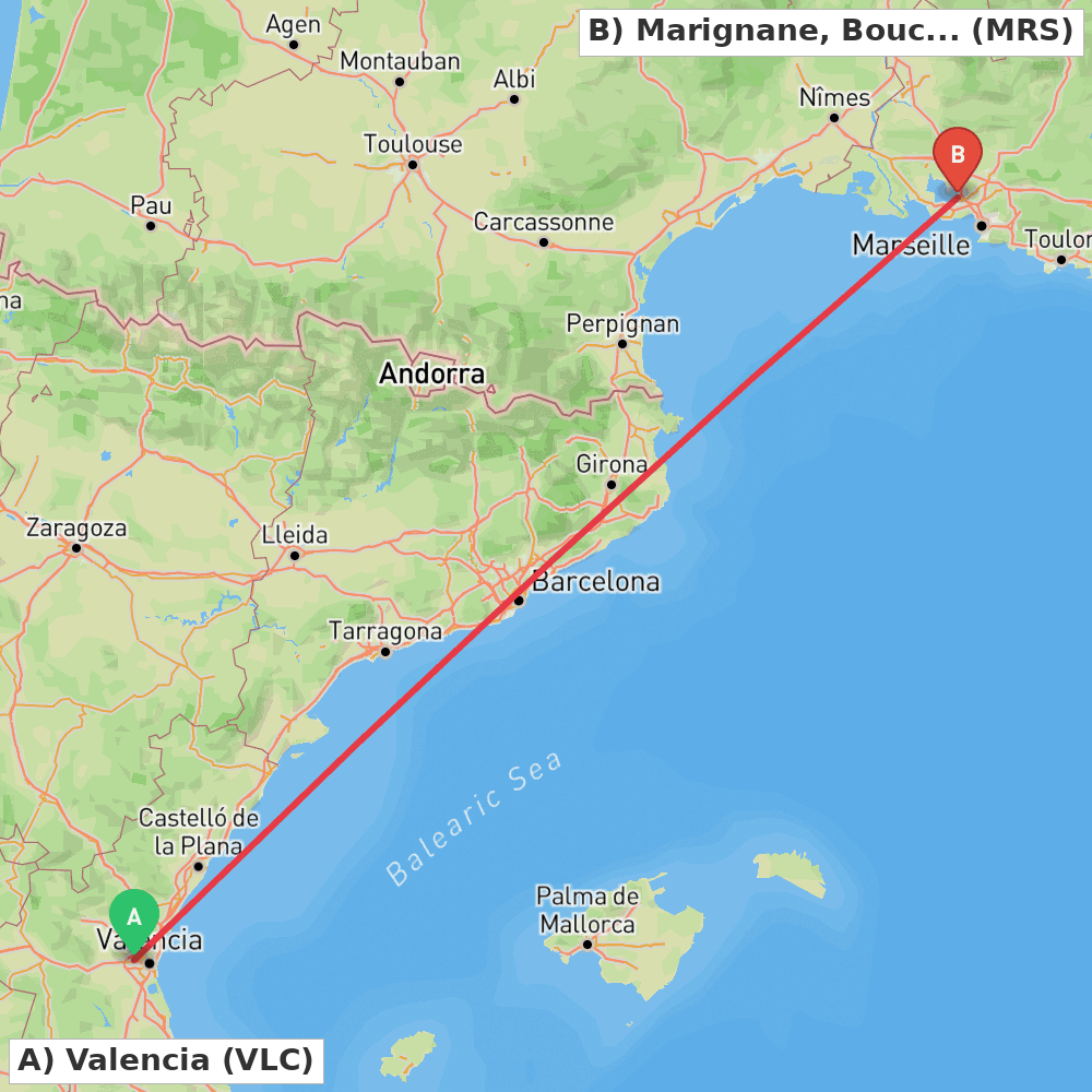 Flight route map from Valencia to Marignane, Bouches-du-Rhône