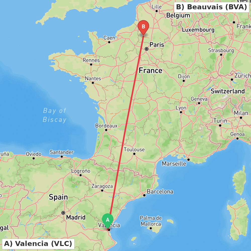 Flight route map from Valencia to Beauvais