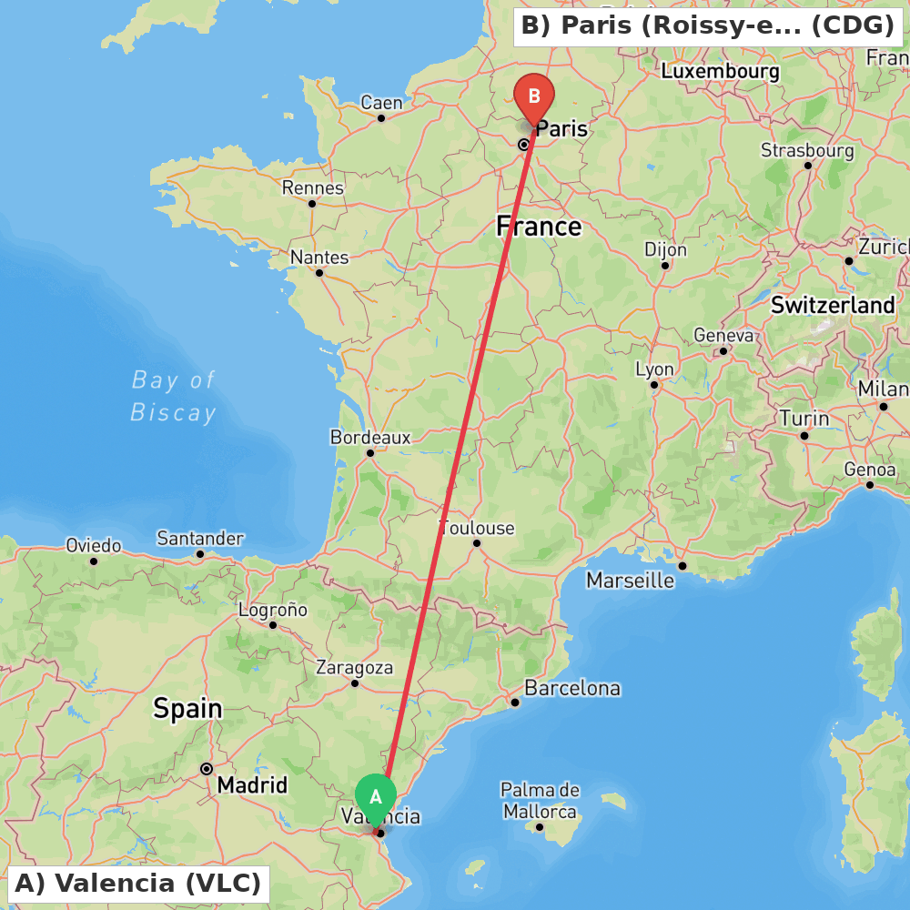 Flight route map from Valencia to Paris (Roissy-en-France, Val-d'Oise)
