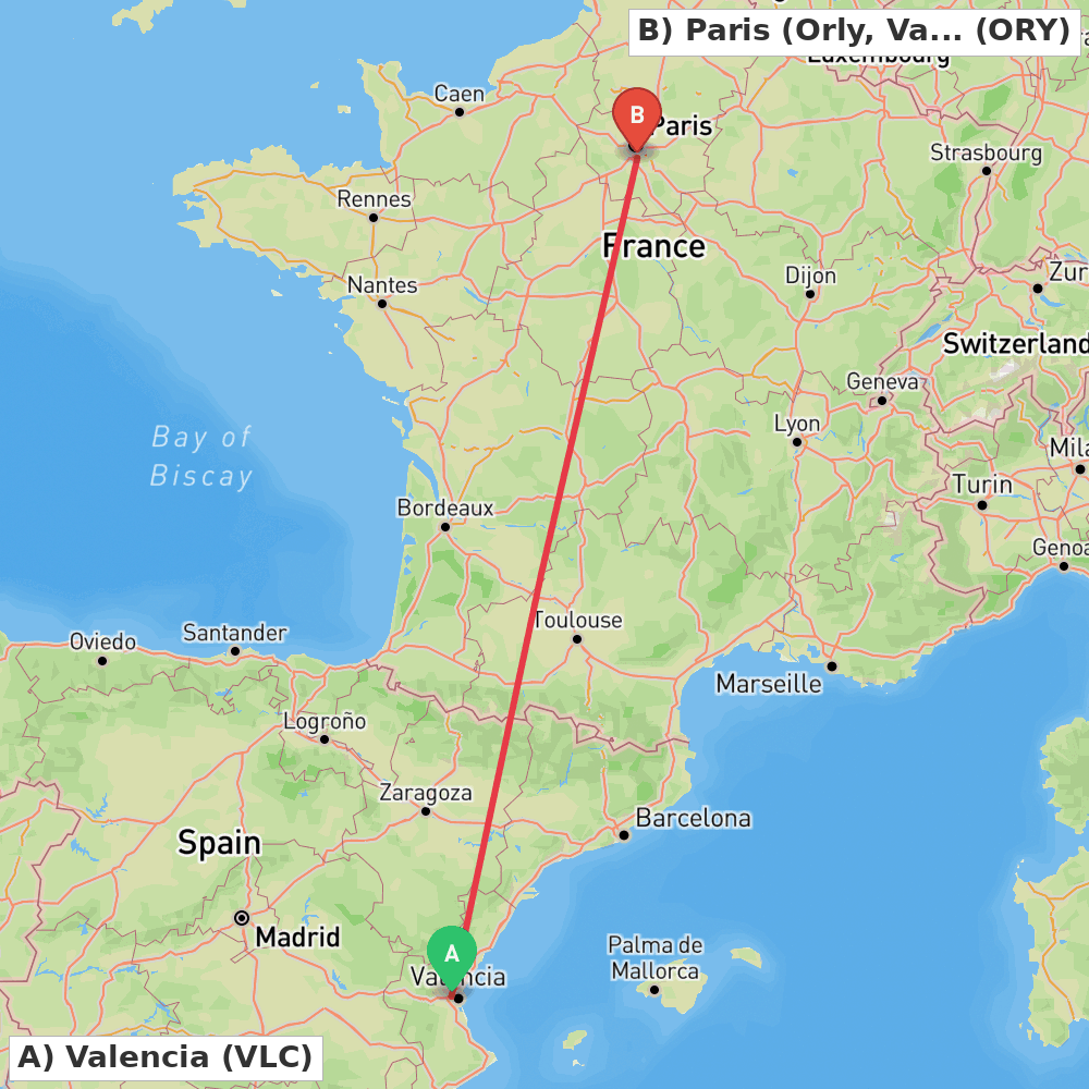 Flight route map from Valencia to Paris (Orly, Val-de-Marne)