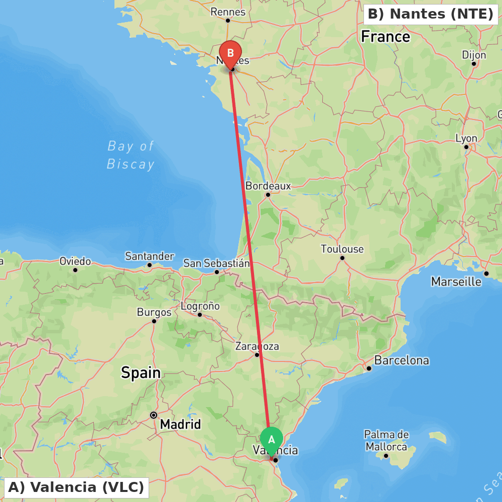 Flight route map from Valencia to Nantes