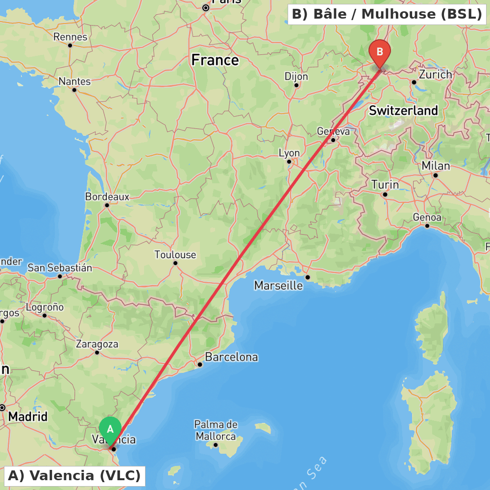 Flight route map from Valencia to Bâle / Mulhouse