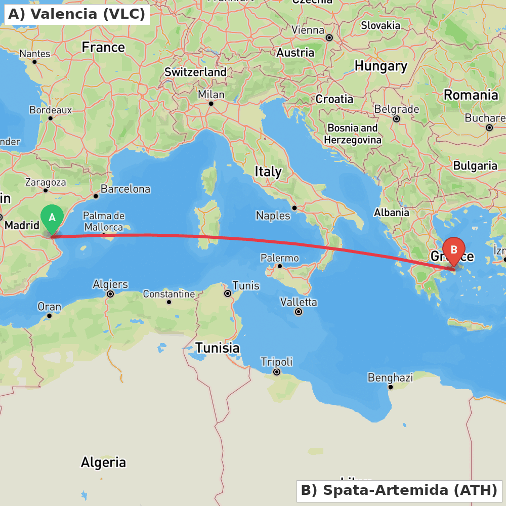 Flight route map from Valencia to Spata-Artemida