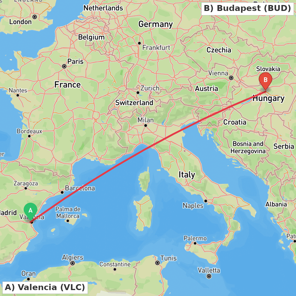 Flight route map from Valencia to Budapest