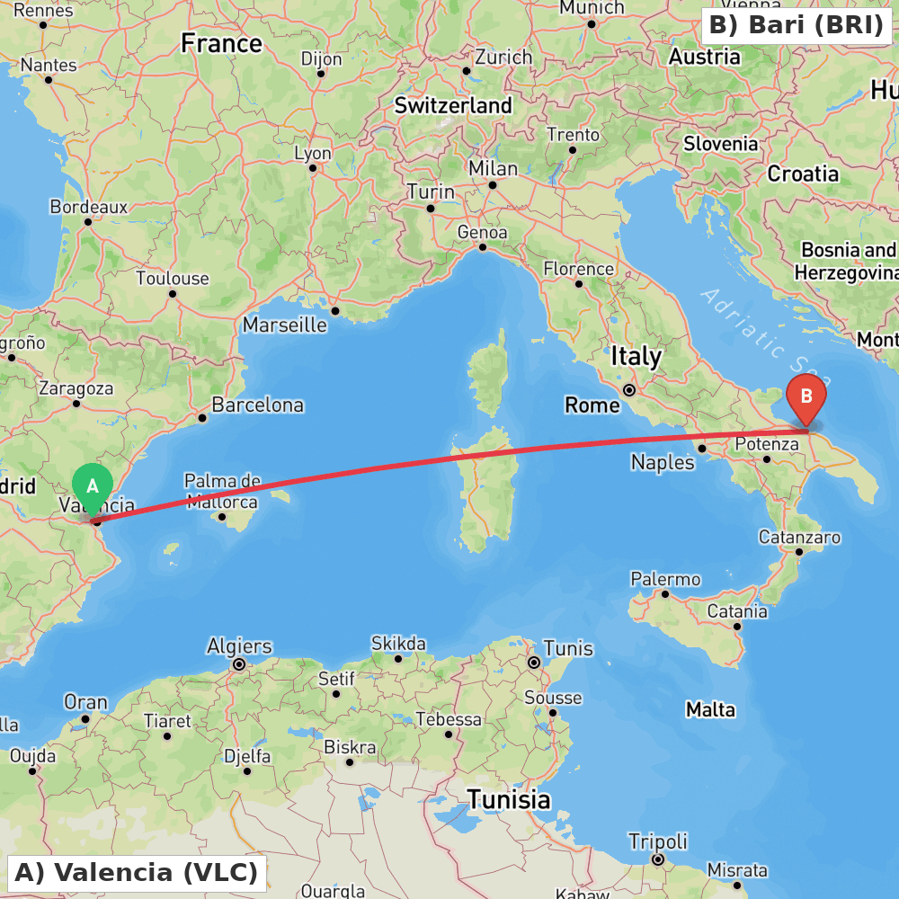 Flight route map from Valencia to Bari
