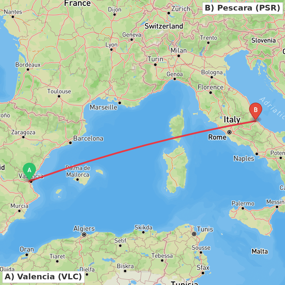 Flight route map from Valencia to Pescara