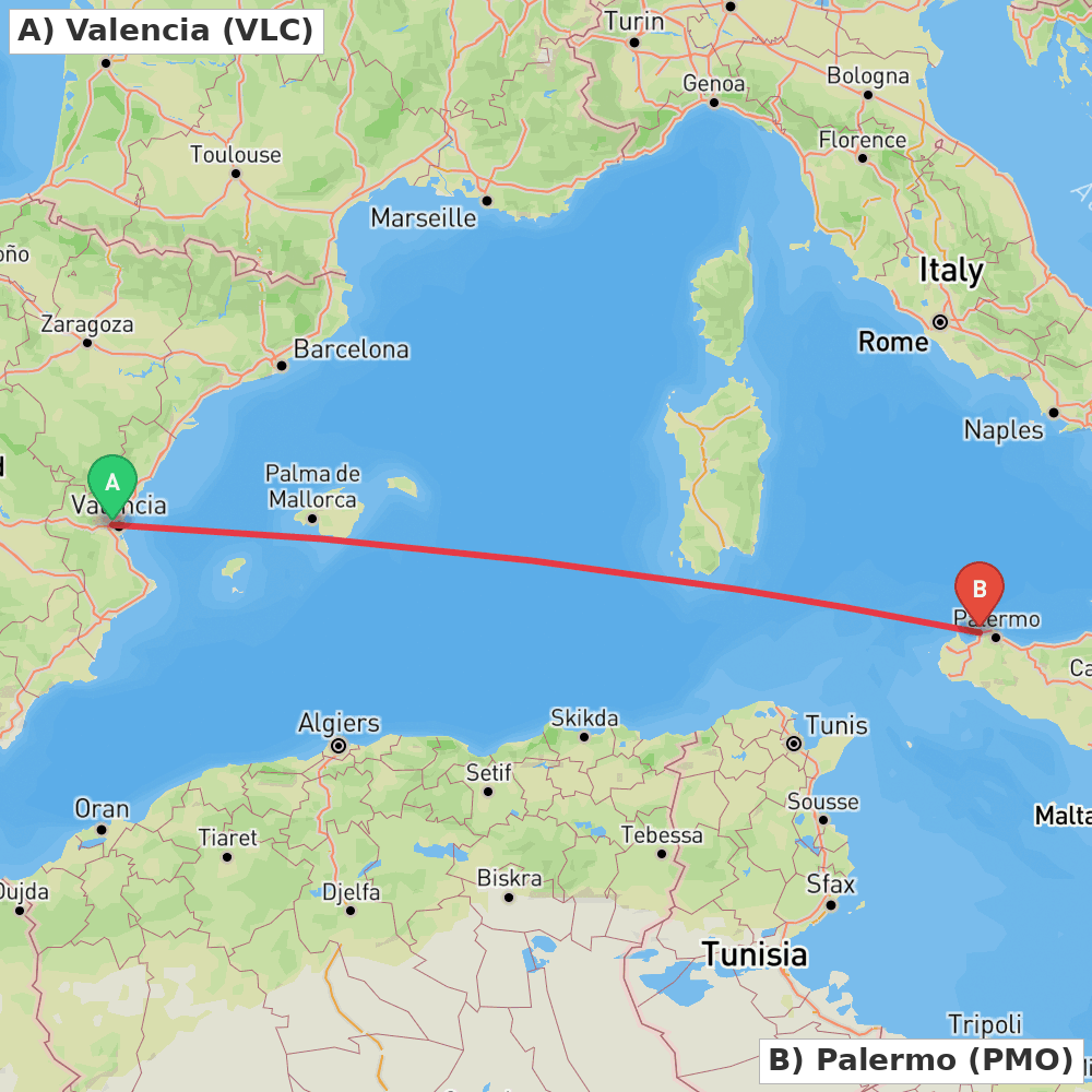 Flight route map from Valencia to Palermo