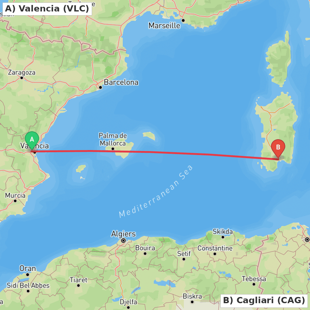 Flight route map from Valencia to Cagliari