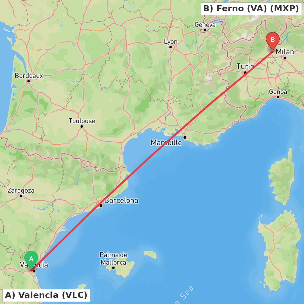 Flight route map from Valencia to Ferno (VA)