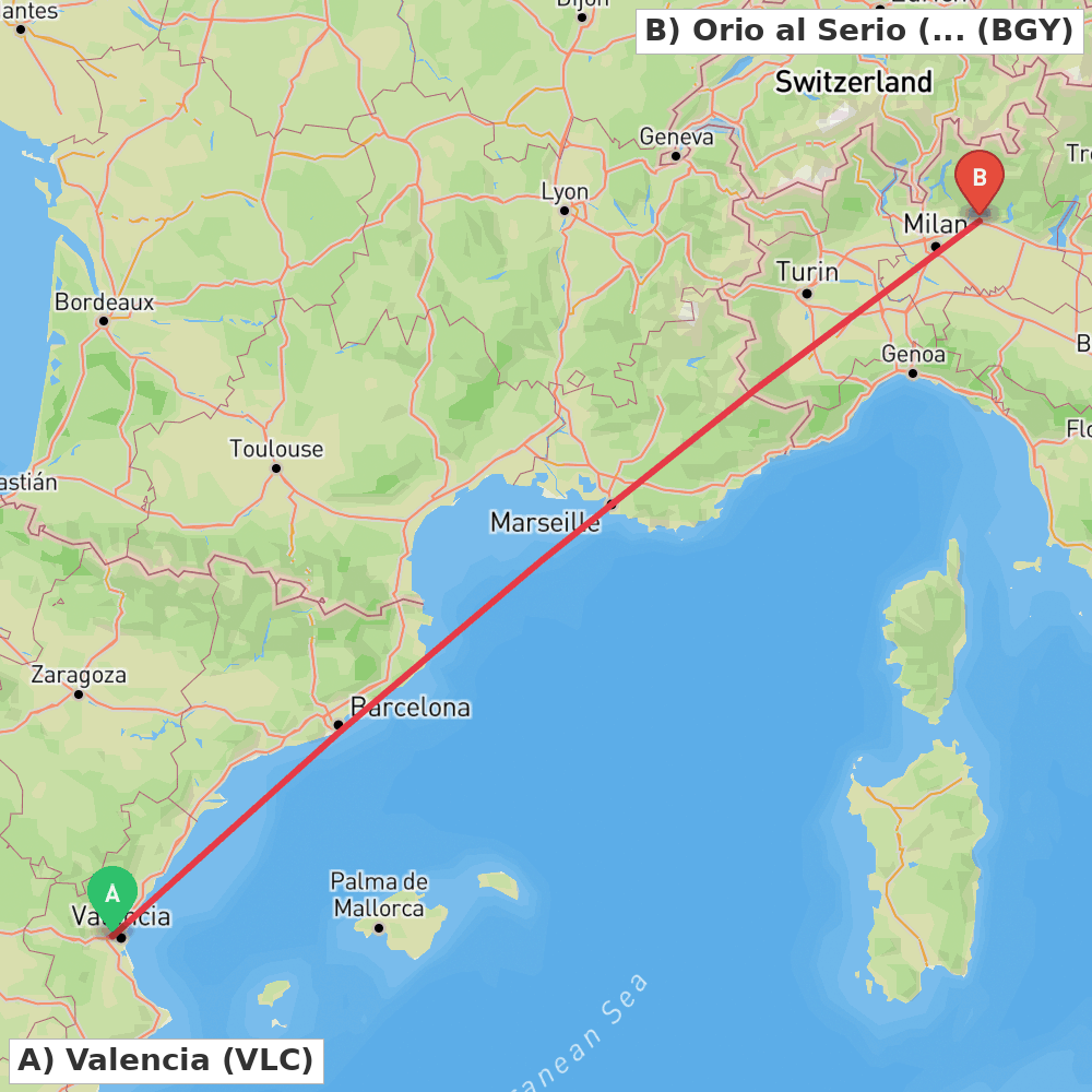 Flight route map from Valencia to Orio al Serio (BG)