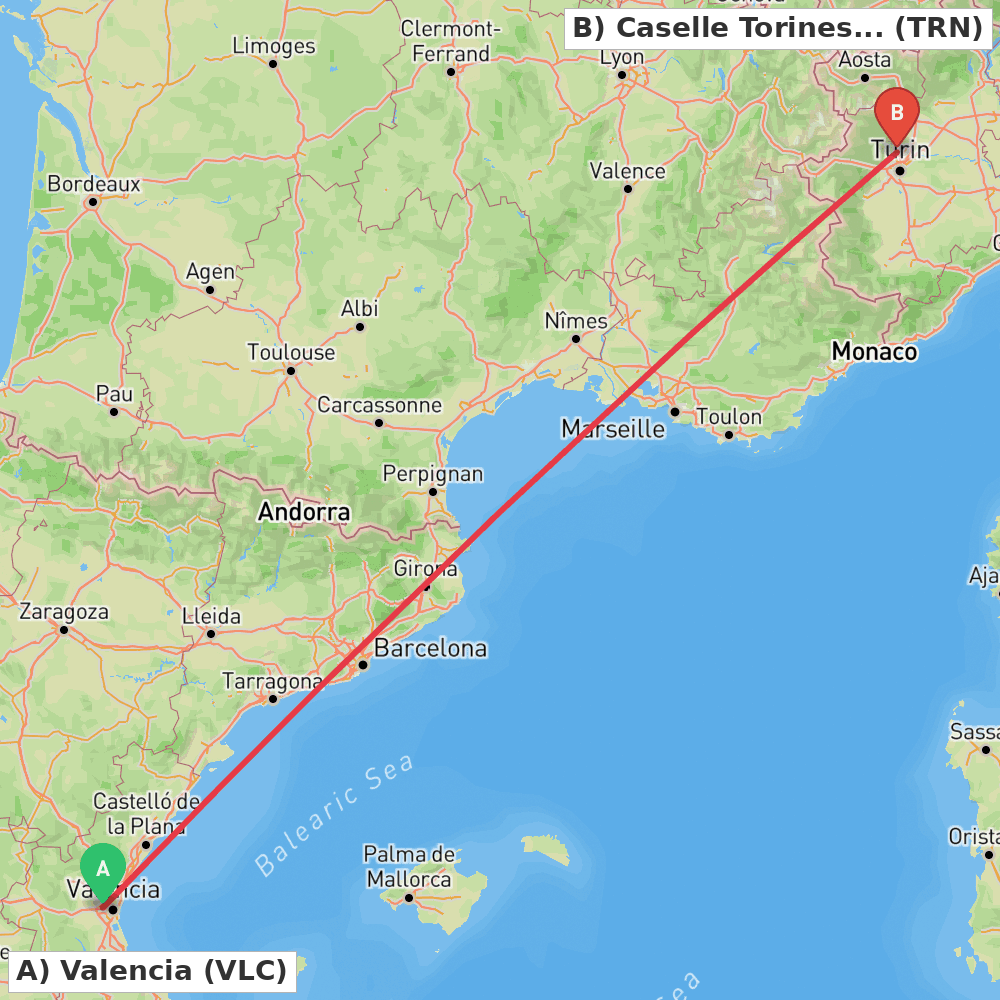 Flight route map from Valencia to Caselle Torinese (TO)