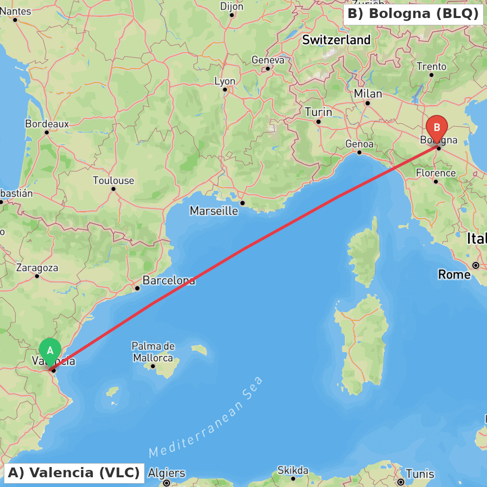 Flight route map from Valencia to Bologna