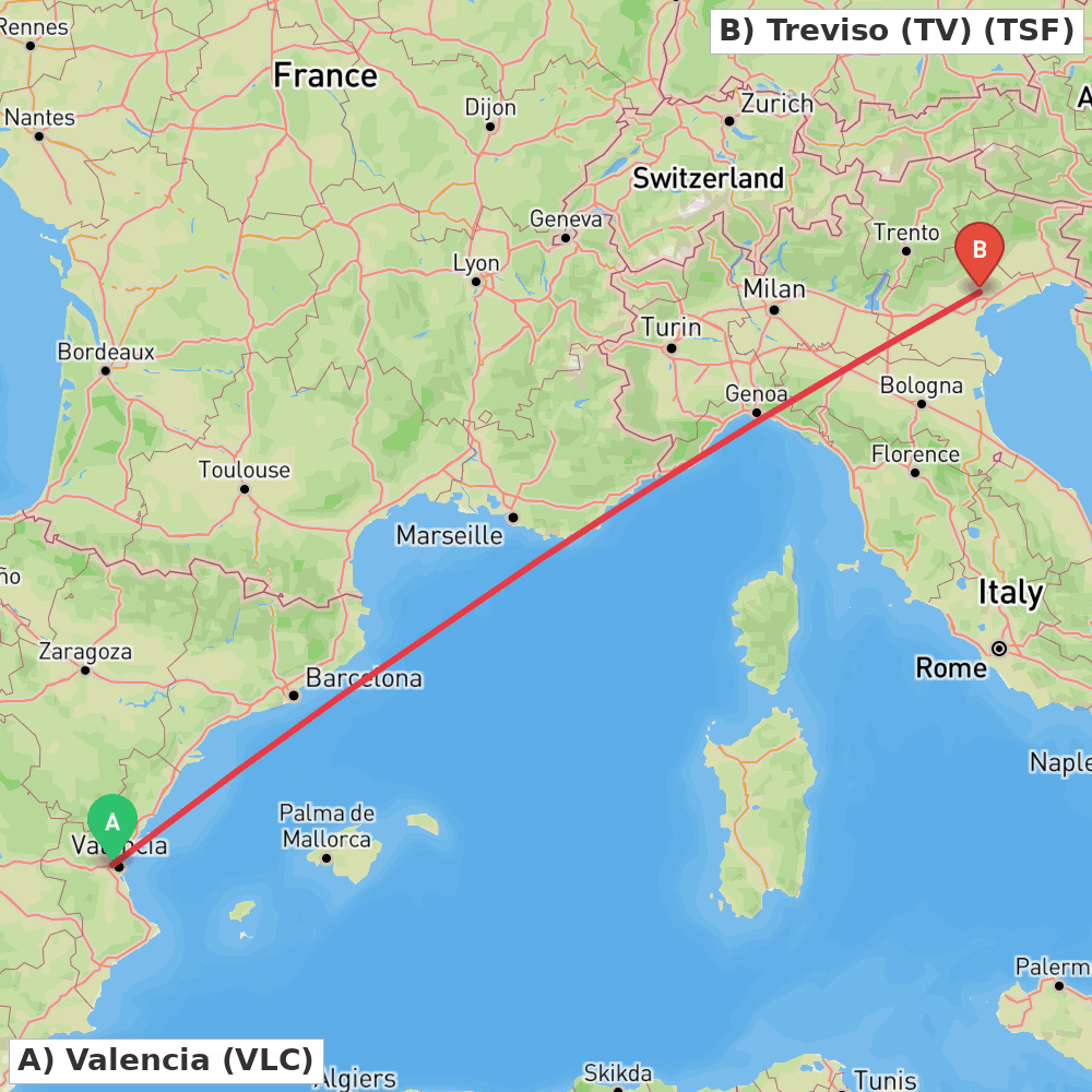 Flight route map from Valencia to Treviso (TV)
