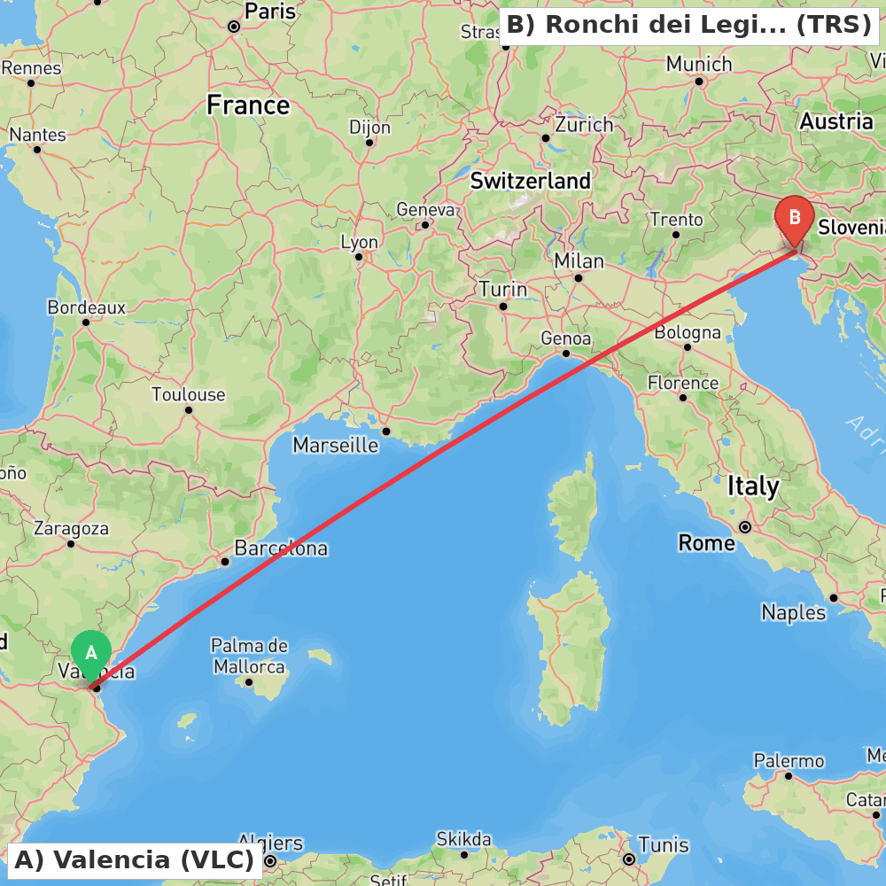 Flight route map from Valencia to Ronchi dei Legionari (GO)