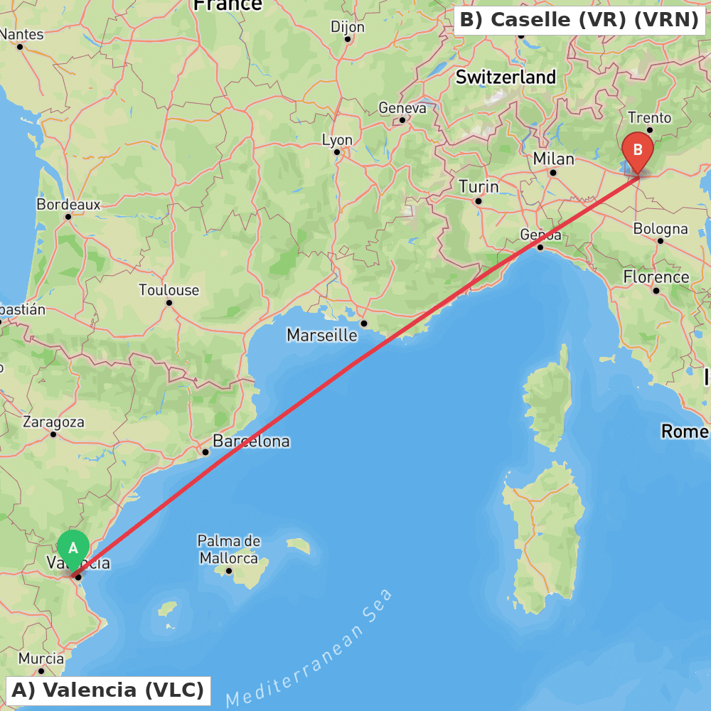 Flight route map from Valencia to Caselle (VR)
