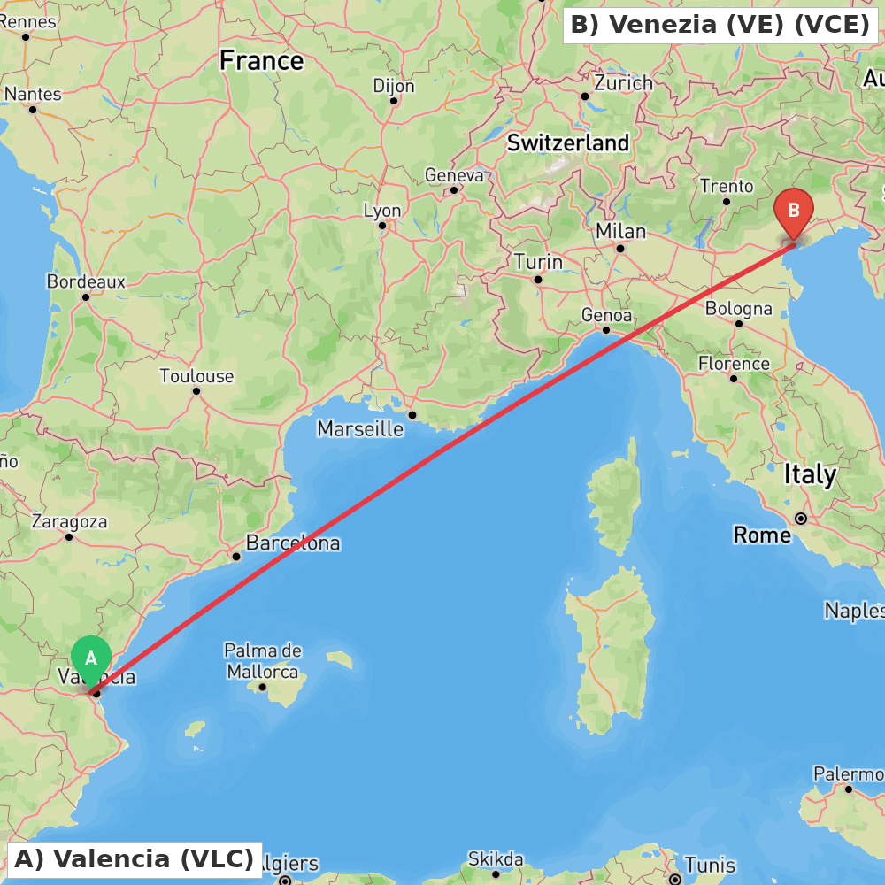 Flight route map from Valencia to Venezia (VE)