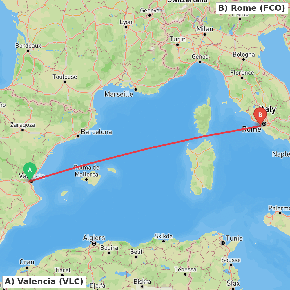 Flight route map from Valencia to Rome