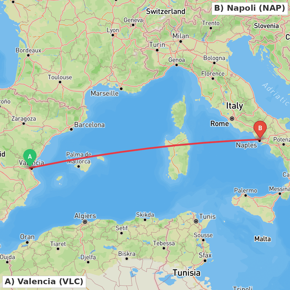 Flight route map from Valencia to Napoli