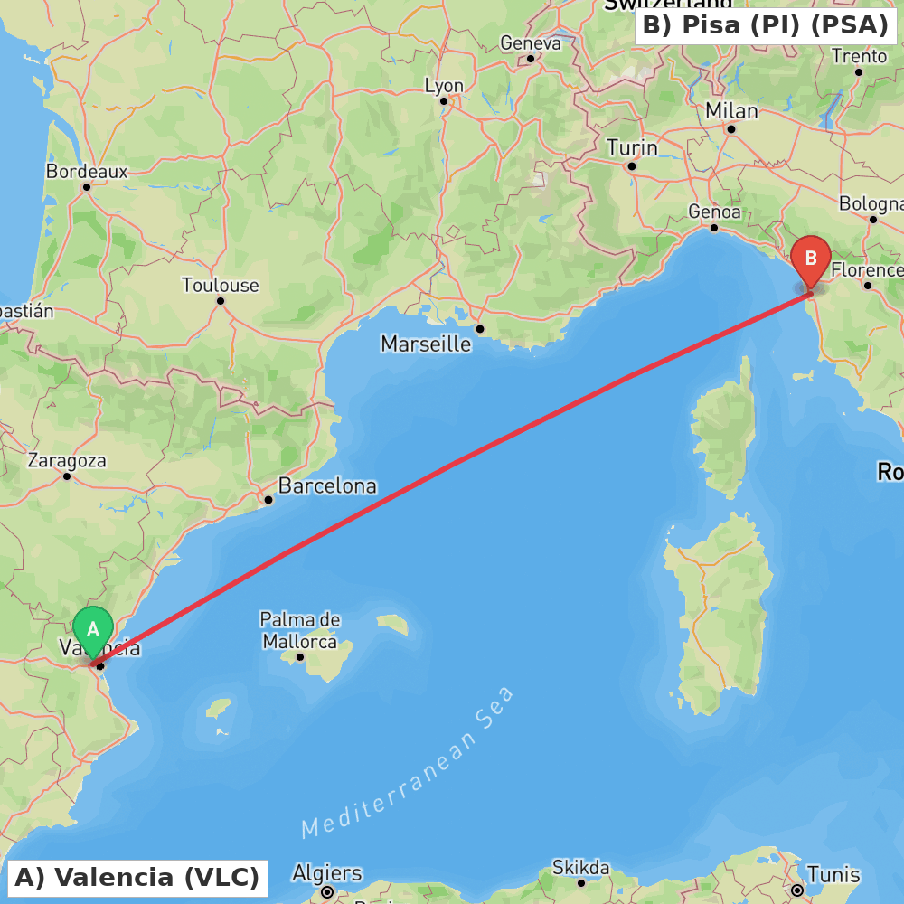 Flight route map from Valencia to Pisa (PI)