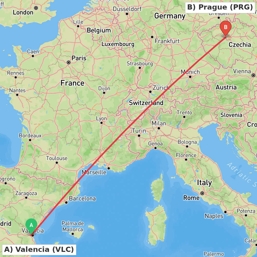 Flight route map from Valencia to Prague