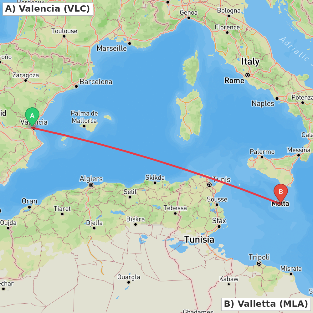 Flight route map from Valencia to Valletta