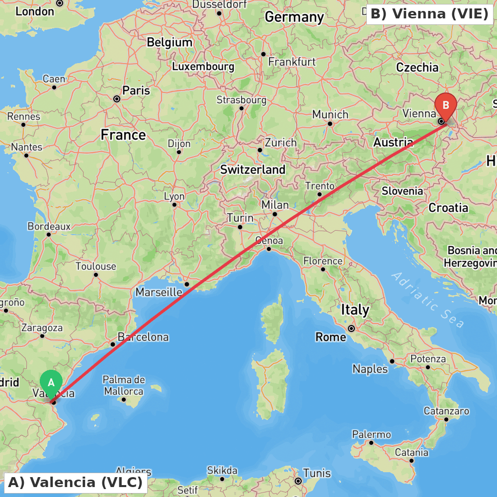Flight route map from Valencia to Vienna