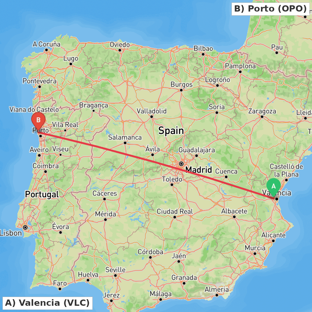 Flight route map from Valencia to Porto