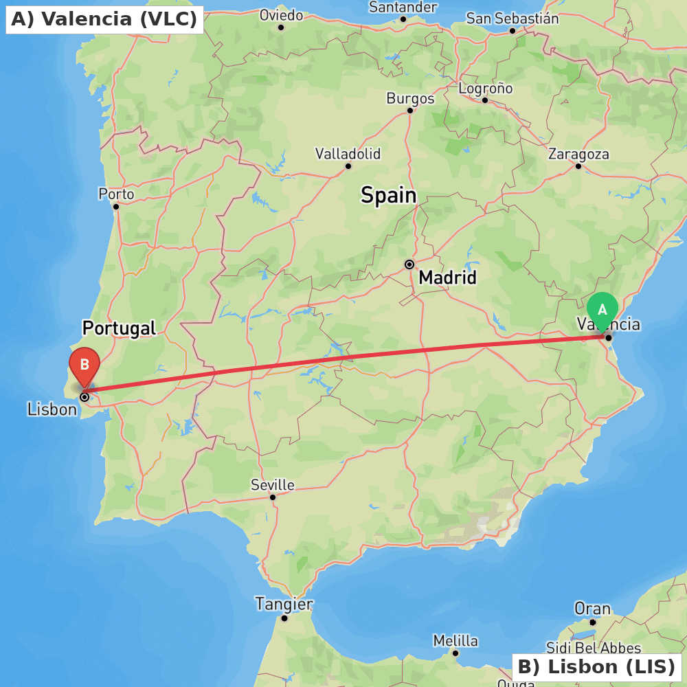 Flight route map from Valencia to Lisbon