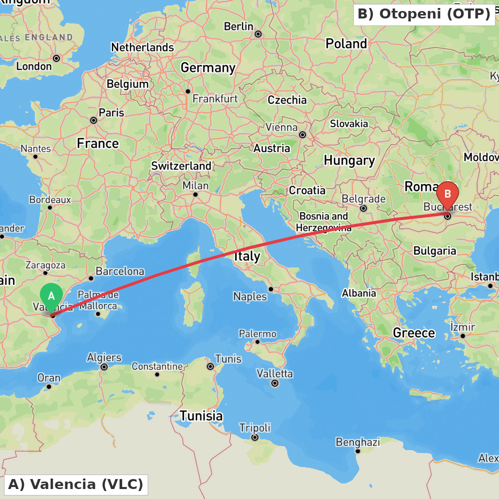 Flight route map from Valencia to Otopeni