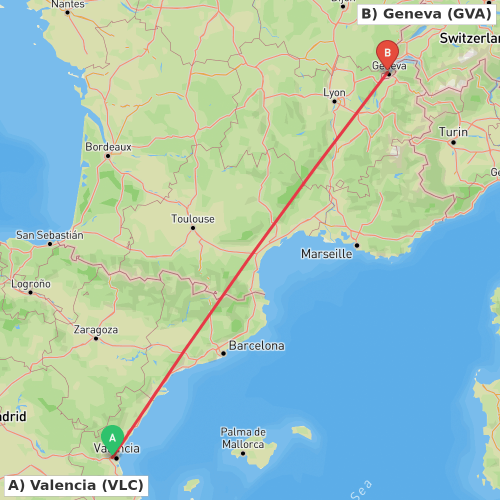 Flight route map from Valencia to Geneva