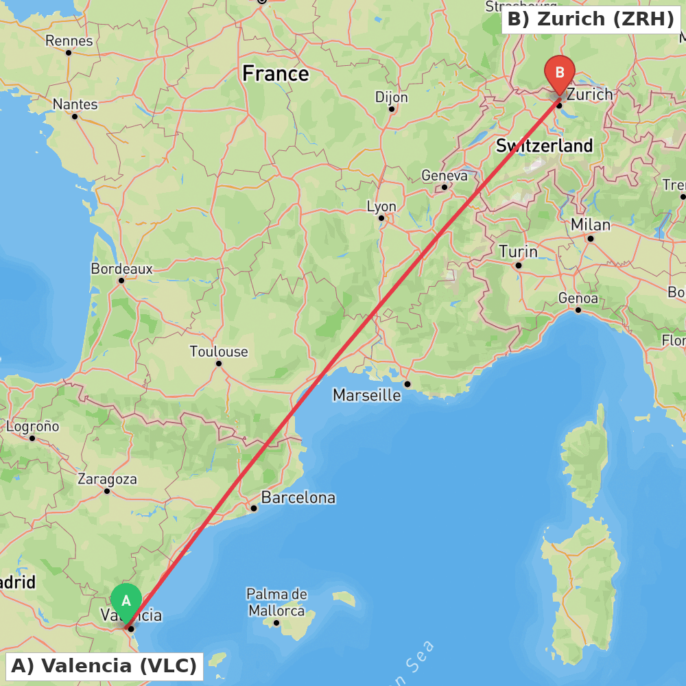 Flight route map from Valencia to Zurich