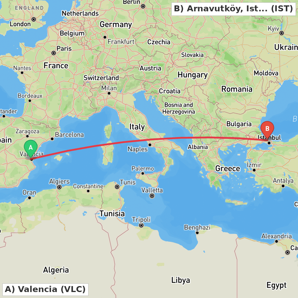 Flight route map from Valencia to Arnavutköy, Istanbul