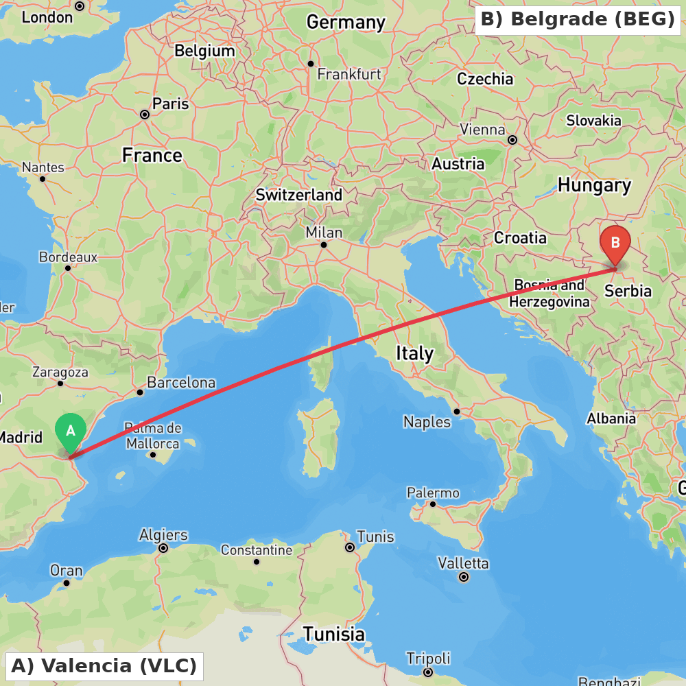 Flight route map from Valencia to Belgrade